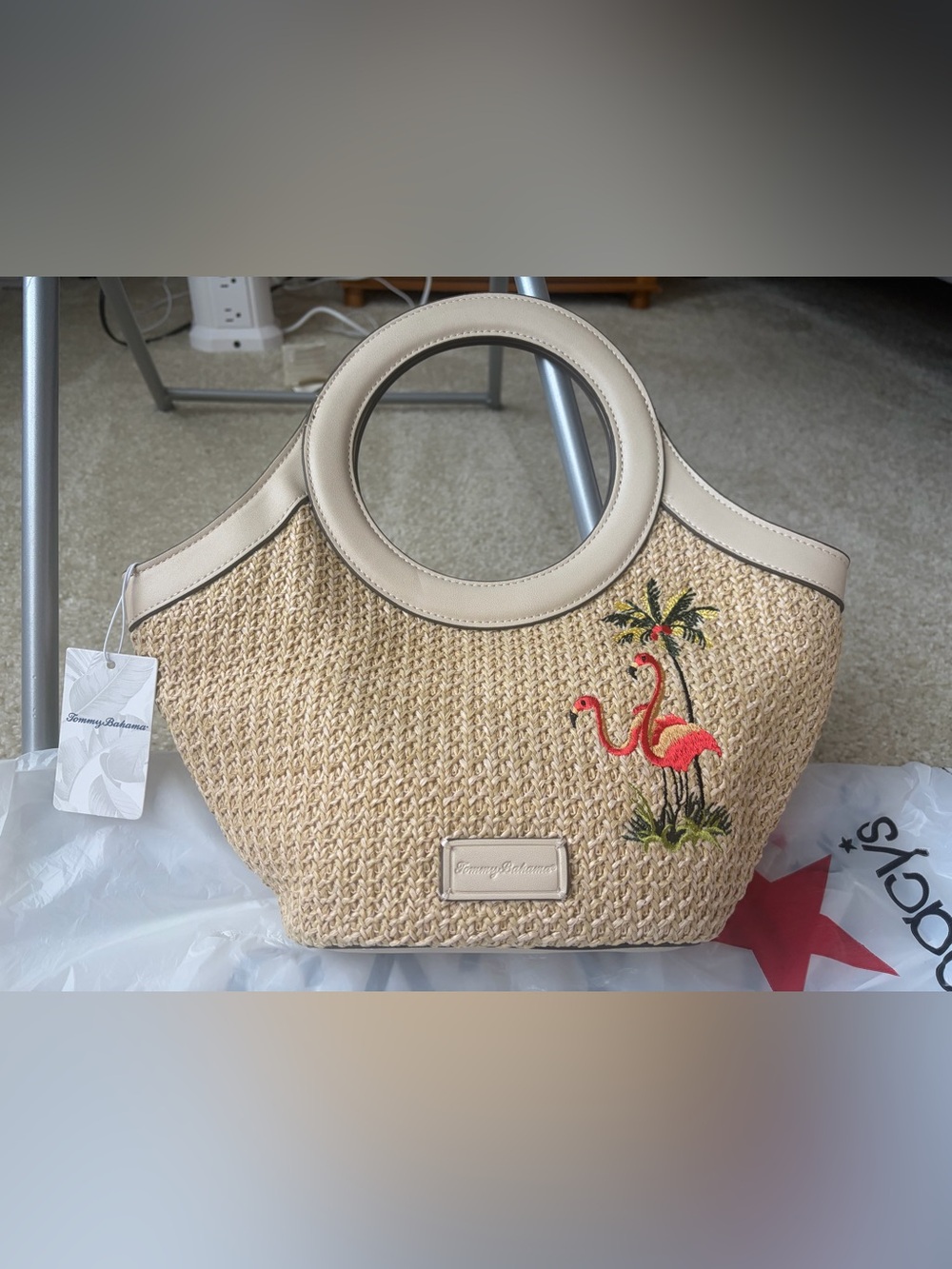 Tommy Bahama Beige Woven Tote with Pink Flamingo Embroidery